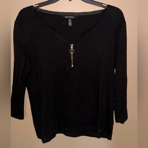 Ellen Tracy Black Long Sleeve Top with Gold Zipper Detail Size Medium